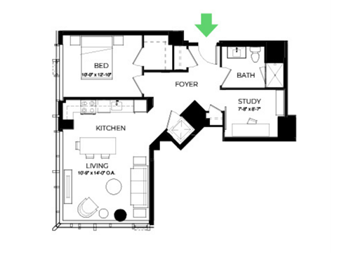 Floor plan for 1 bed, 1 bath, 840 sqft